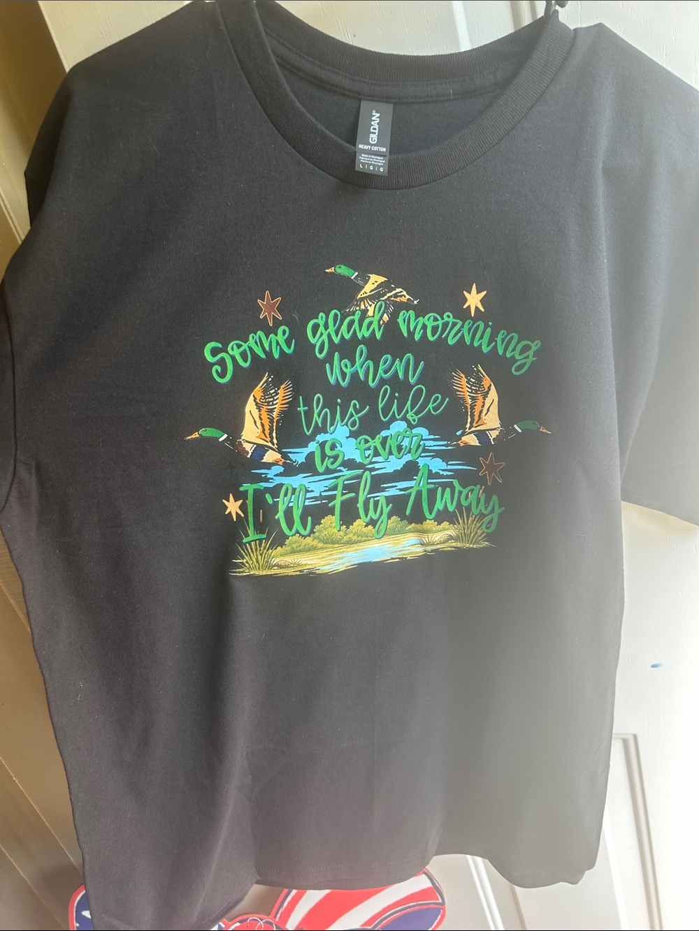 Gildan Black Tee with Green Script and Multicolor Duck Graphic